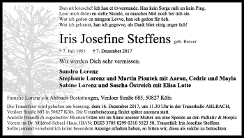 Anzeige von Iris Josefine Steffens von Kölner Stadt-Anzeiger / Kölnische Rundschau / Express