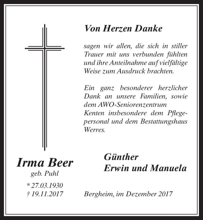  Traueranzeige für Irma Beer vom 06.12.2017 aus  Werbepost 