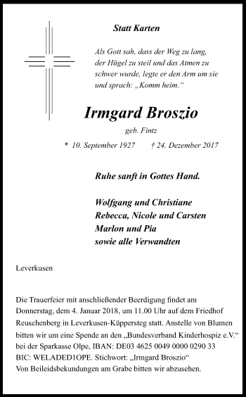 Anzeige von Irmgard Broszio von Kölner Stadt-Anzeiger / Kölnische Rundschau / Express