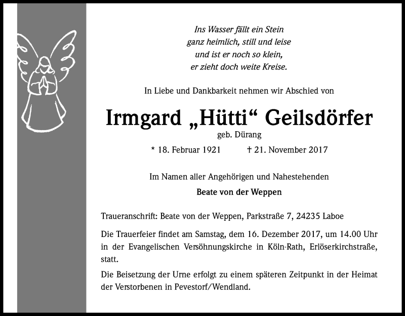  Traueranzeige für Irmgard  Geilsdörfer vom 02.12.2017 aus Kölner Stadt-Anzeiger / Kölnische Rundschau / Express