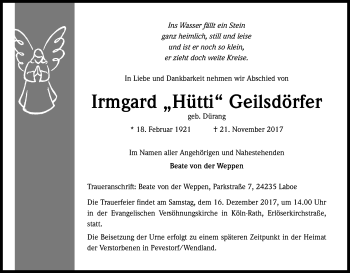 Anzeige von Irmgard  Geilsdörfer von Kölner Stadt-Anzeiger / Kölnische Rundschau / Express
