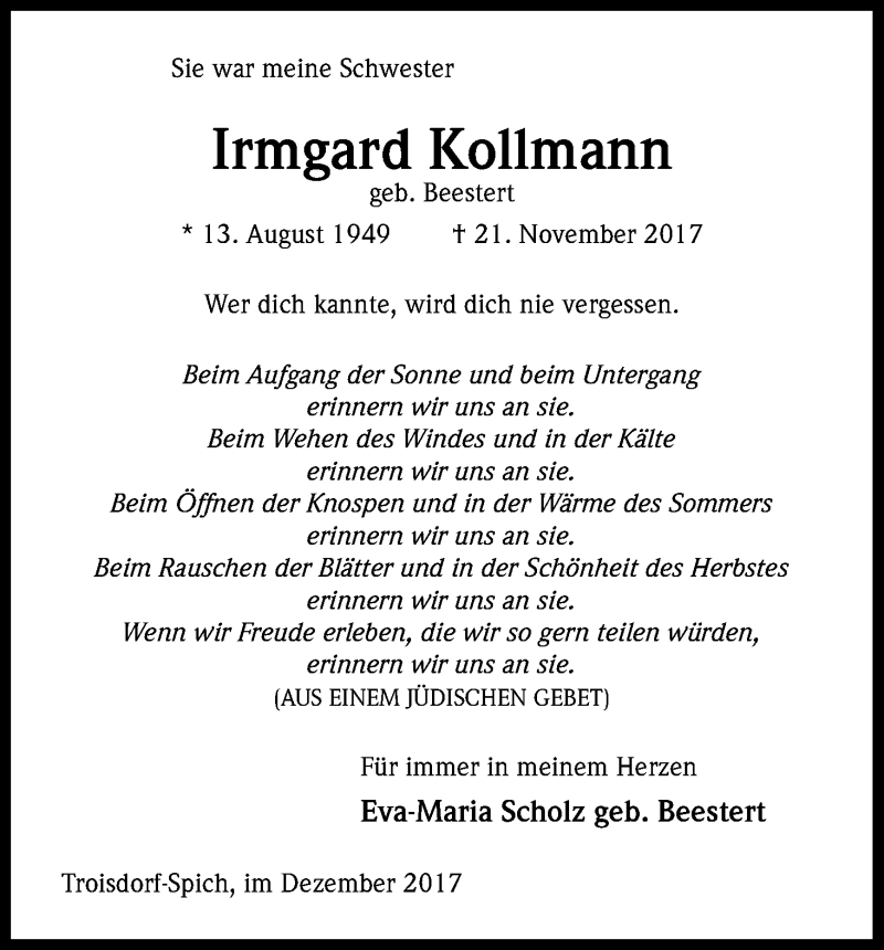  Traueranzeige für Irmgard Kollmann vom 23.12.2017 aus Kölner Stadt-Anzeiger / Kölnische Rundschau / Express