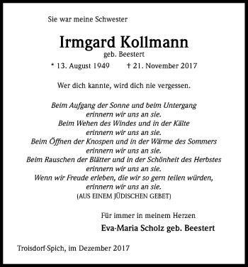 Anzeige von Irmgard Kollmann von Kölner Stadt-Anzeiger / Kölnische Rundschau / Express