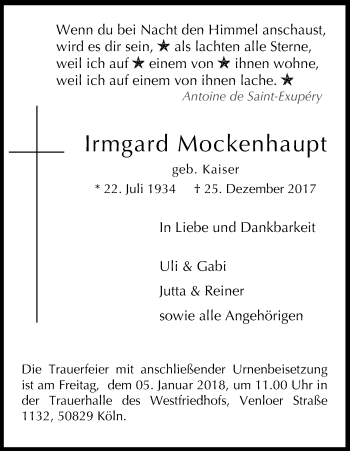 Anzeige von Irmgard Mockenhaupt von Kölner Stadt-Anzeiger / Kölnische Rundschau / Express