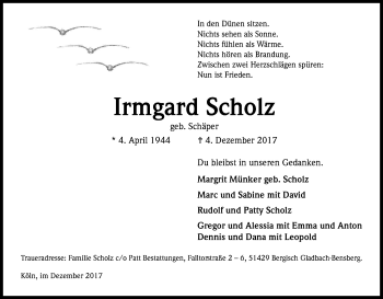 Anzeige von Irmgard Scholz von Kölner Stadt-Anzeiger / Kölnische Rundschau / Express