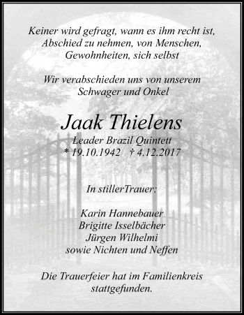Anzeige von Jaak Thielens von Kölner Stadt-Anzeiger / Kölnische Rundschau / Express
