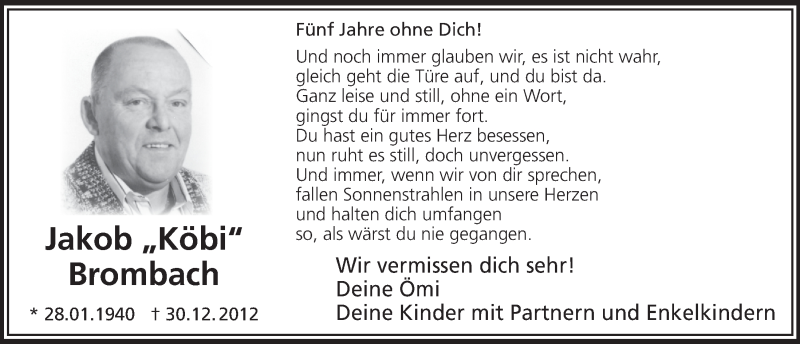  Traueranzeige für Jakob Brombach vom 30.12.2017 aus  Bergisches Sonntagsblatt 