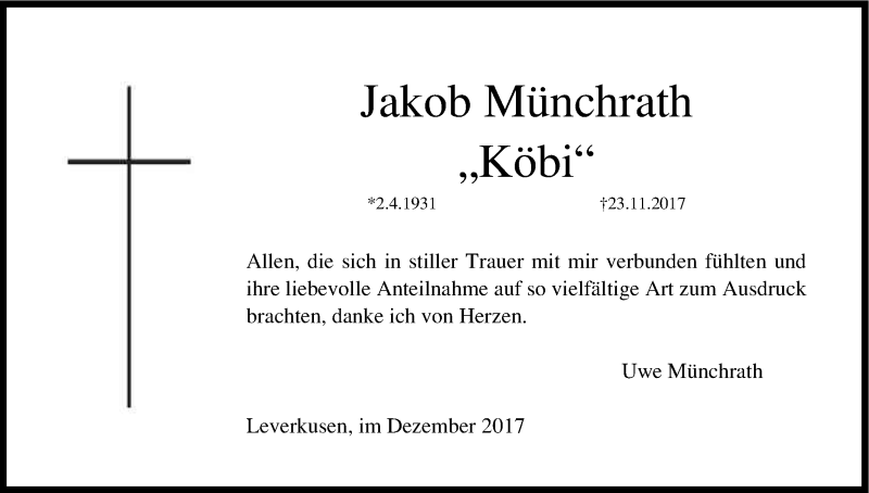  Traueranzeige für Jakob Münchrath vom 23.12.2017 aus Kölner Stadt-Anzeiger / Kölnische Rundschau / Express