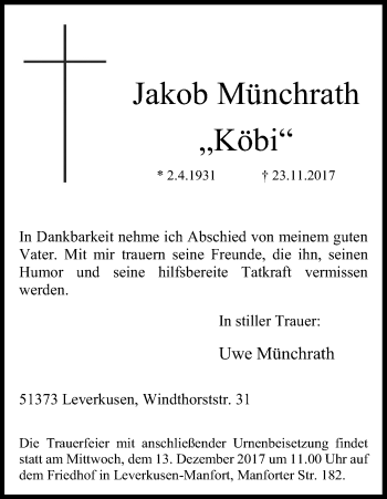 Anzeige von Jakob Münchrath von Kölner Stadt-Anzeiger / Kölnische Rundschau / Express