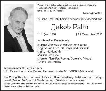 Anzeige von Jakob Palm von  Blickpunkt Euskirchen 