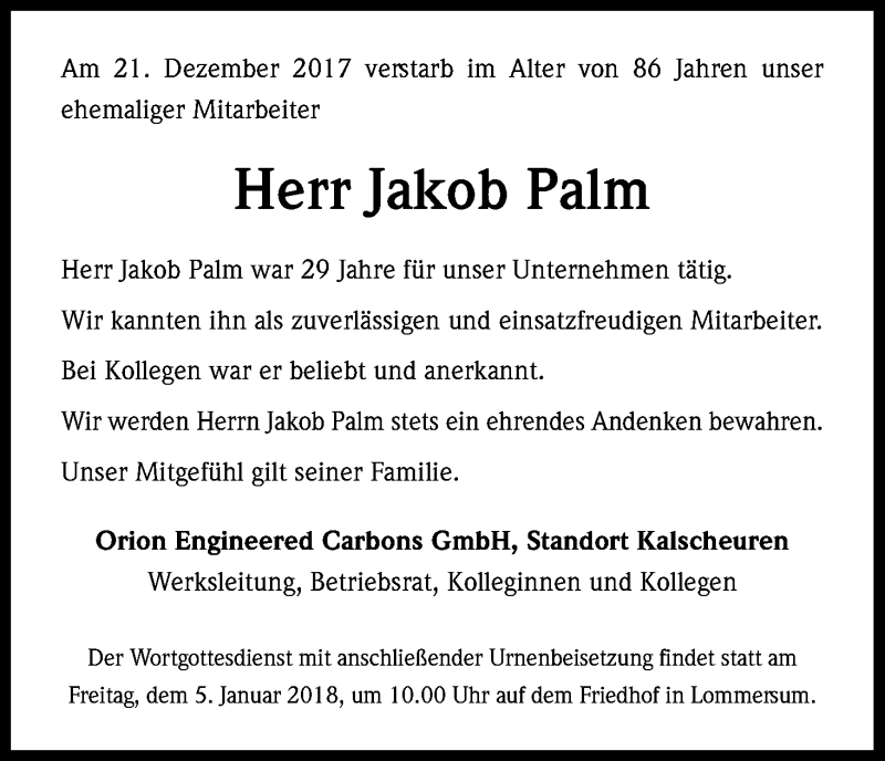  Traueranzeige für Jakob Palm vom 30.12.2017 aus Kölner Stadt-Anzeiger / Kölnische Rundschau / Express