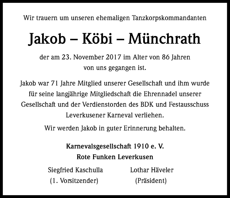  Traueranzeige für Jakob Köbi Münchrath vom 12.12.2017 aus Kölner Stadt-Anzeiger / Kölnische Rundschau / Express