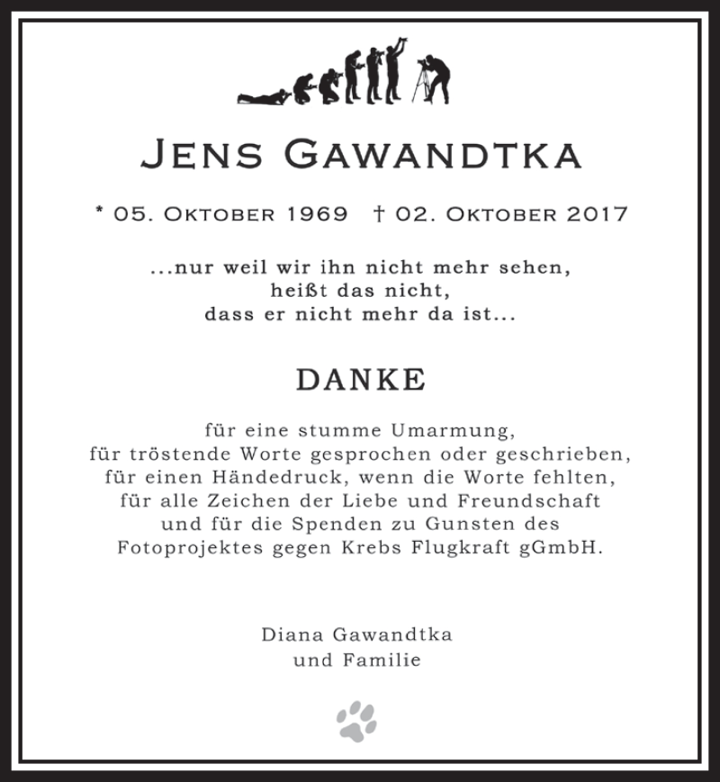  Traueranzeige für Jens Gawandtka vom 13.12.2017 aus  Schlossbote/Werbekurier 