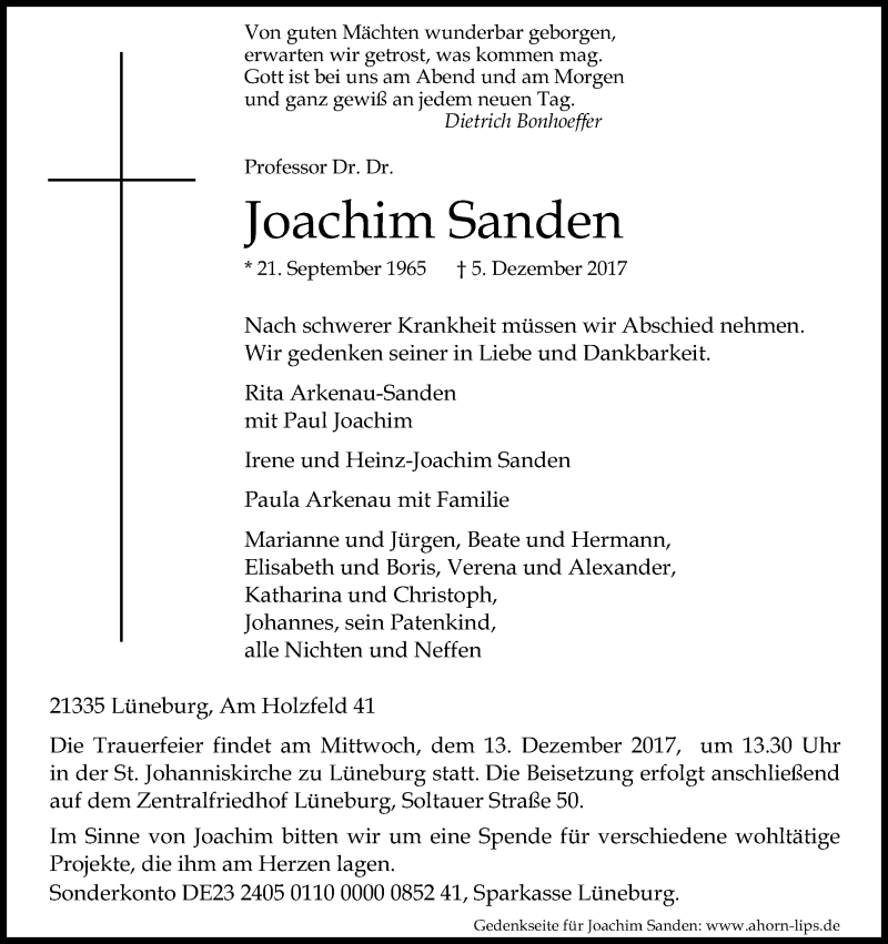  Traueranzeige für Joachim Sanden vom 09.12.2017 aus Kölner Stadt-Anzeiger / Kölnische Rundschau / Express