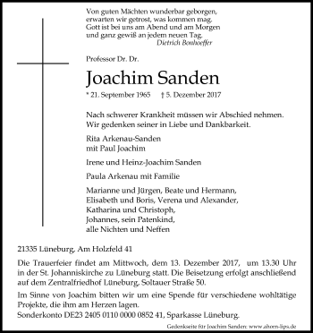Anzeige von Joachim Sanden von Kölner Stadt-Anzeiger / Kölnische Rundschau / Express
