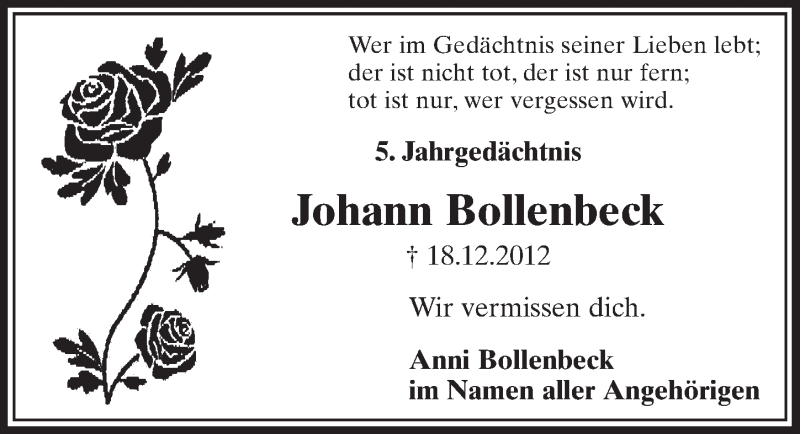  Traueranzeige für Johann Bollenbeck vom 13.12.2017 aus  Schlossbote/Werbekurier 