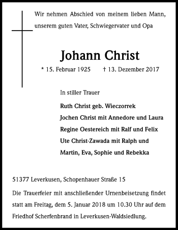 Anzeige von Johann Christ von Kölner Stadt-Anzeiger / Kölnische Rundschau / Express