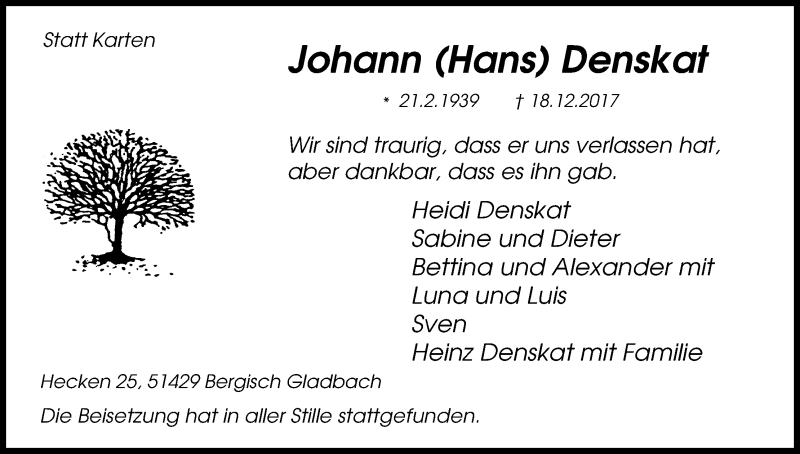  Traueranzeige für Johann Denskat vom 30.12.2017 aus Kölner Stadt-Anzeiger / Kölnische Rundschau / Express