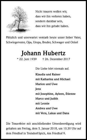 Anzeige von Johann Hubertz von Kölner Stadt-Anzeiger / Kölnische Rundschau / Express