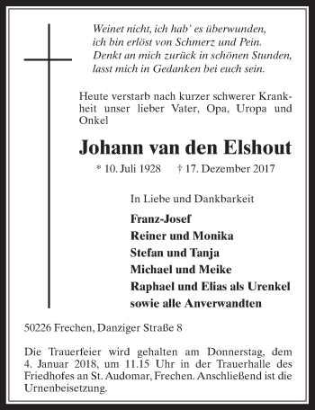 Anzeige von Johann van den Elshout von  Wochenende 