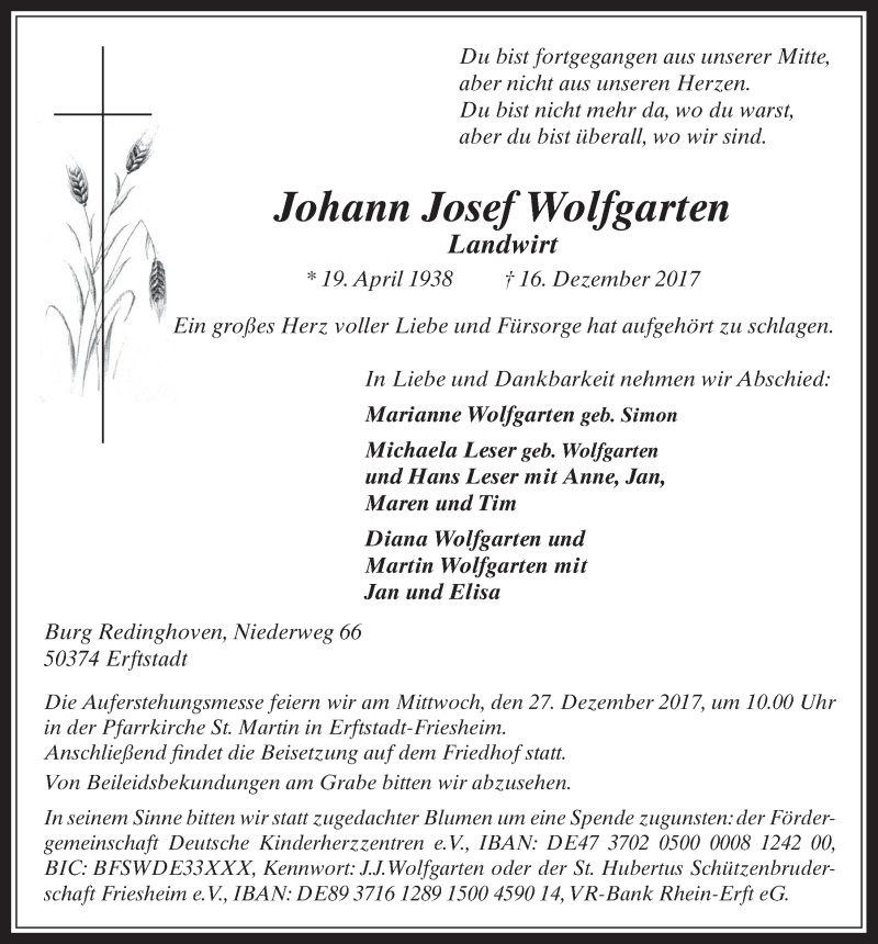  Traueranzeige für Johann Josef Wolfgarten vom 23.12.2017 aus  Sonntags-Post 