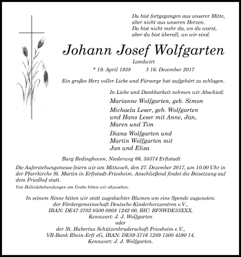 Anzeige von Johann Josef Wolfgarten von Kölner Stadt-Anzeiger / Kölnische Rundschau / Express