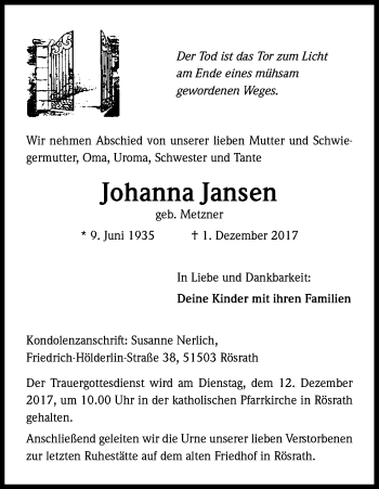 Anzeige von Johanna Jansen von Kölner Stadt-Anzeiger / Kölnische Rundschau / Express