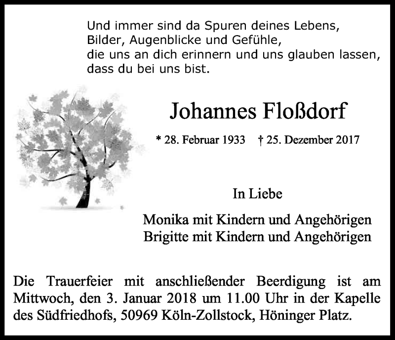  Traueranzeige für Johannes Floßdorf vom 30.12.2017 aus Kölner Stadt-Anzeiger / Kölnische Rundschau / Express