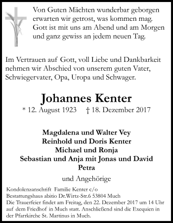 Anzeige von Johannes Kenter von Kölner Stadt-Anzeiger / Kölnische Rundschau / Express