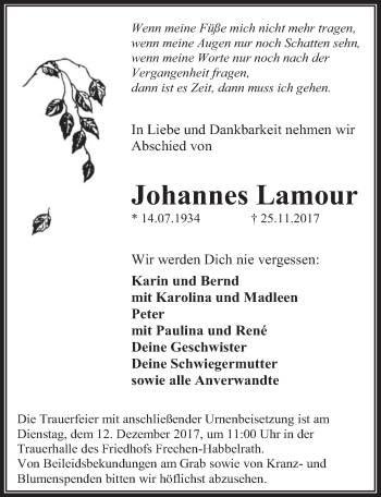 Anzeige von Johannes Lamour von  Wochenende 