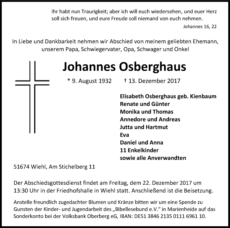  Traueranzeige für Johannes Osberghaus vom 19.12.2017 aus Kölner Stadt-Anzeiger / Kölnische Rundschau / Express