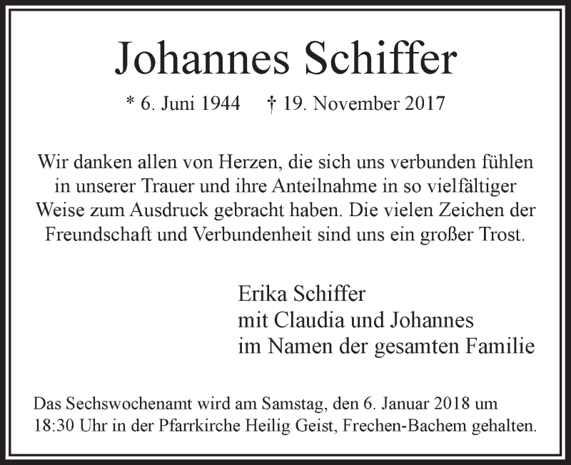  Traueranzeige für Johannes Schiffer vom 30.12.2017 aus  Sonntags-Post 