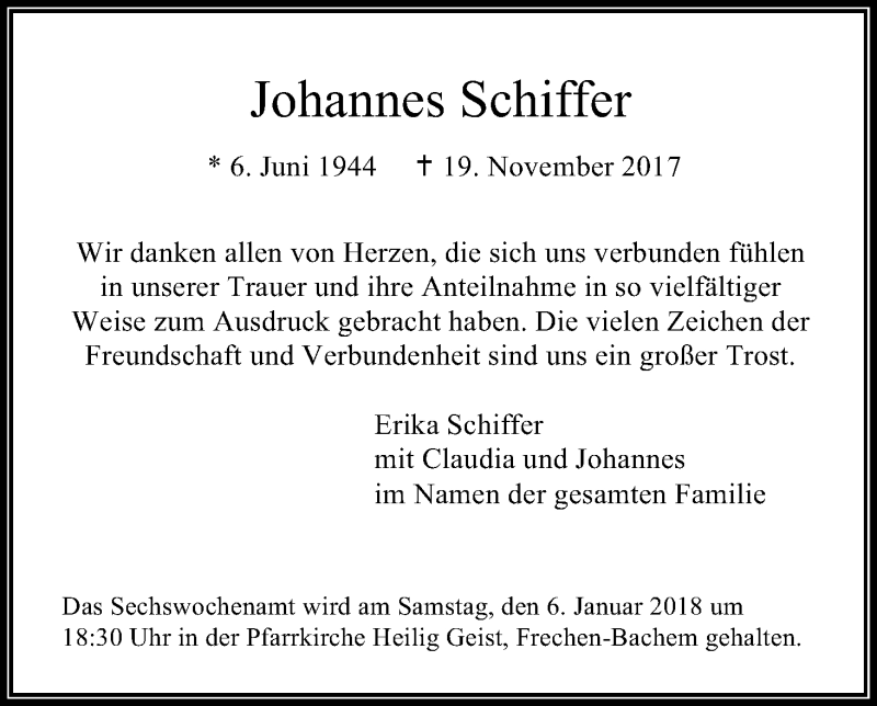  Traueranzeige für Johannes Schiffer vom 30.12.2017 aus Kölner Stadt-Anzeiger / Kölnische Rundschau / Express