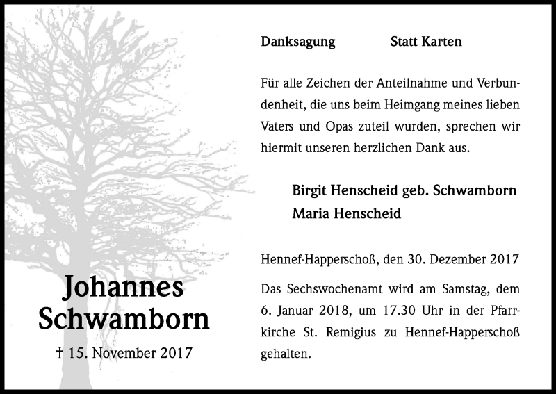  Traueranzeige für Johannes Schwamborn vom 30.12.2017 aus Kölner Stadt-Anzeiger / Kölnische Rundschau / Express