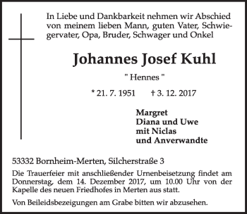Anzeige von Johannes Josef Kuhl von  Schlossbote/Werbekurier 