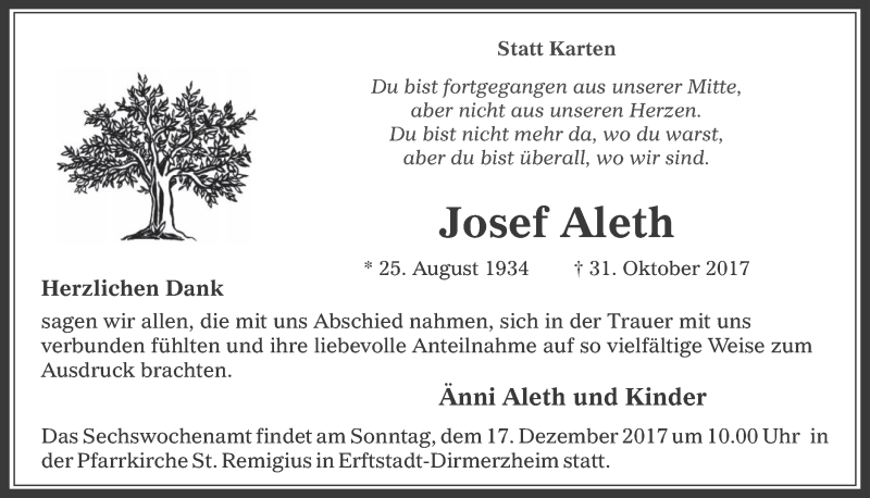  Traueranzeige für Josef Aleth vom 13.12.2017 aus  Werbepost 