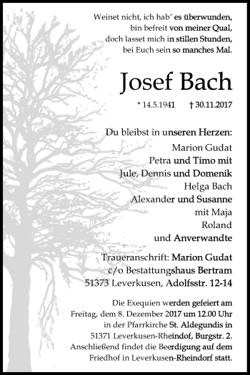 Anzeige von Josef Bach von Kölner Stadt-Anzeiger / Kölnische Rundschau / Express