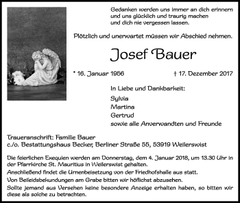 Anzeige von Josef Bauer von Kölner Stadt-Anzeiger / Kölnische Rundschau / Express