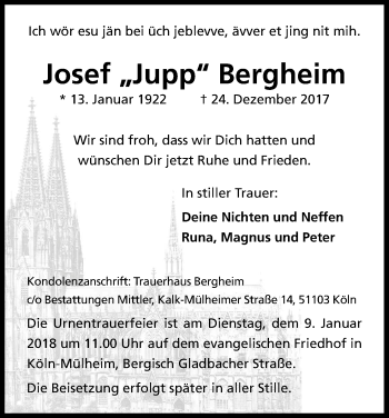 Anzeige von Josef Bergheim von Kölner Stadt-Anzeiger / Kölnische Rundschau / Express