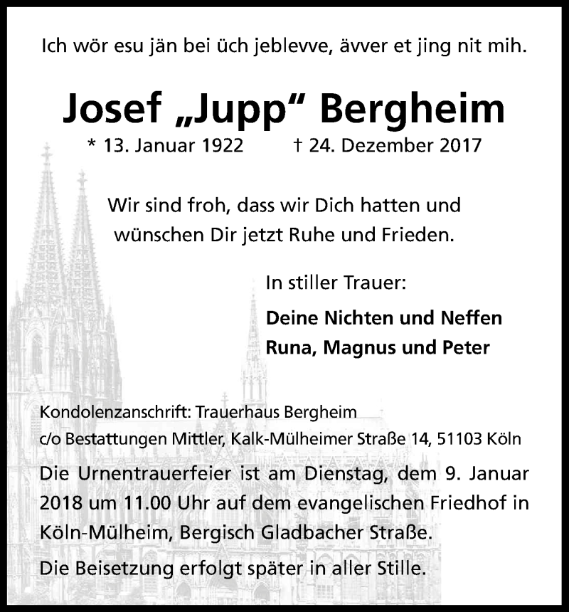 Traueranzeige für Josef Bergheim vom 30.12.2017 aus Kölner Stadt-Anzeiger / Kölnische Rundschau / Express