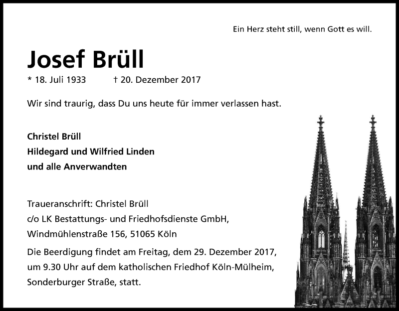  Traueranzeige für Josef Brüll vom 23.12.2017 aus Kölner Stadt-Anzeiger / Kölnische Rundschau / Express