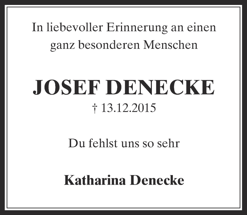  Traueranzeige für Josef Denecke vom 16.12.2017 aus  Sonntags-Post 