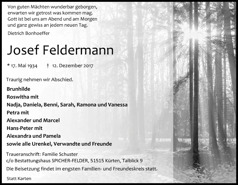  Traueranzeige für Josef Feldermann vom 16.12.2017 aus Kölner Stadt-Anzeiger / Kölnische Rundschau / Express