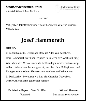 Anzeige von Josef Hammerath von Kölner Stadt-Anzeiger / Kölnische Rundschau / Express