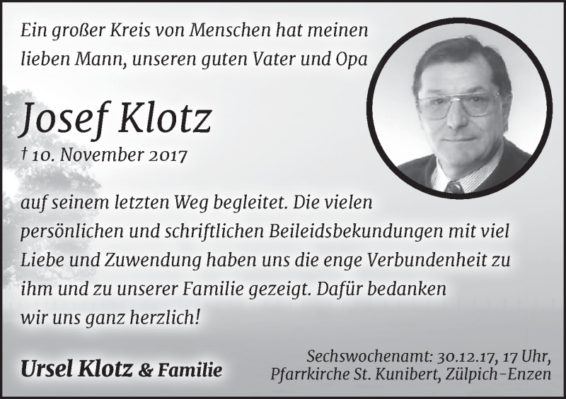  Traueranzeige für Josef Klotz vom 16.12.2017 aus  Blickpunkt Euskirchen 