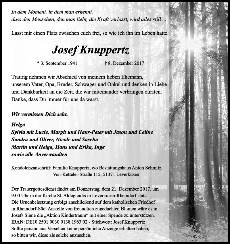  Traueranzeige für Josef Knuppertz vom 16.12.2017 aus Kölner Stadt-Anzeiger / Kölnische Rundschau / Express