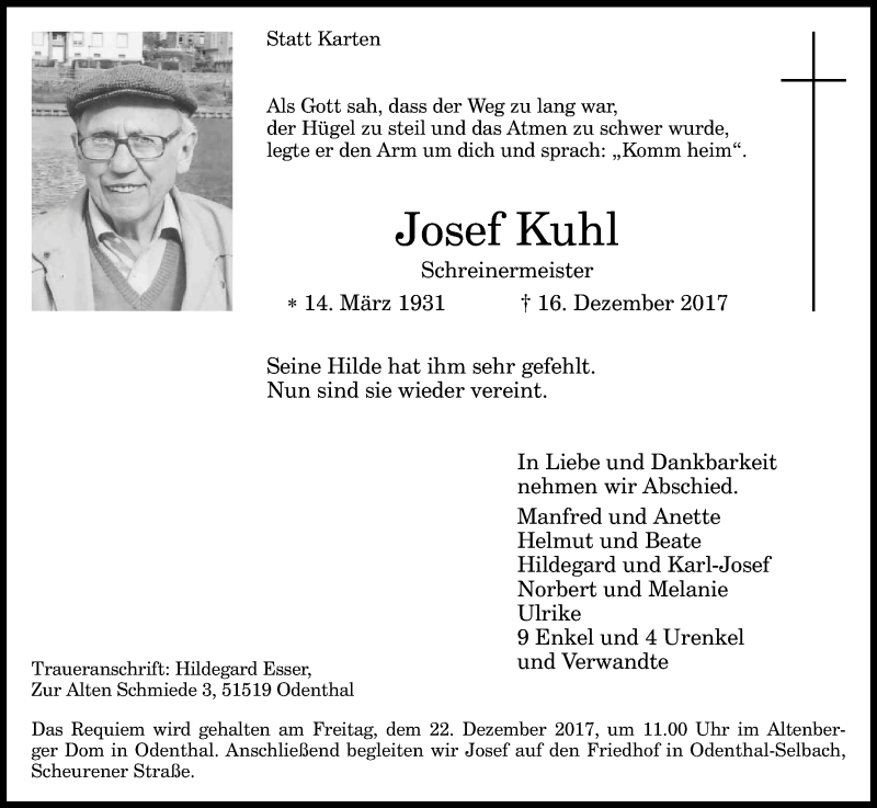  Traueranzeige für Josef Kuhl vom 20.12.2017 aus Kölner Stadt-Anzeiger / Kölnische Rundschau / Express