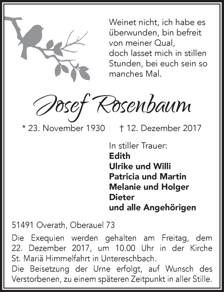  Traueranzeige für Josef Rosenbaum vom 16.12.2017 aus  Bergisches Sonntagsblatt 