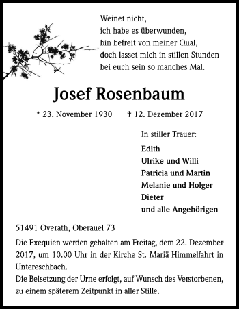 Anzeige von Josef Rosenbaum von Kölner Stadt-Anzeiger / Kölnische Rundschau / Express