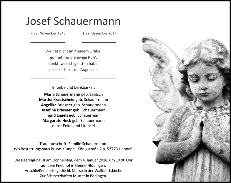  Traueranzeige für Josef Schauermann vom 30.12.2017 aus Kölner Stadt-Anzeiger / Kölnische Rundschau / Express